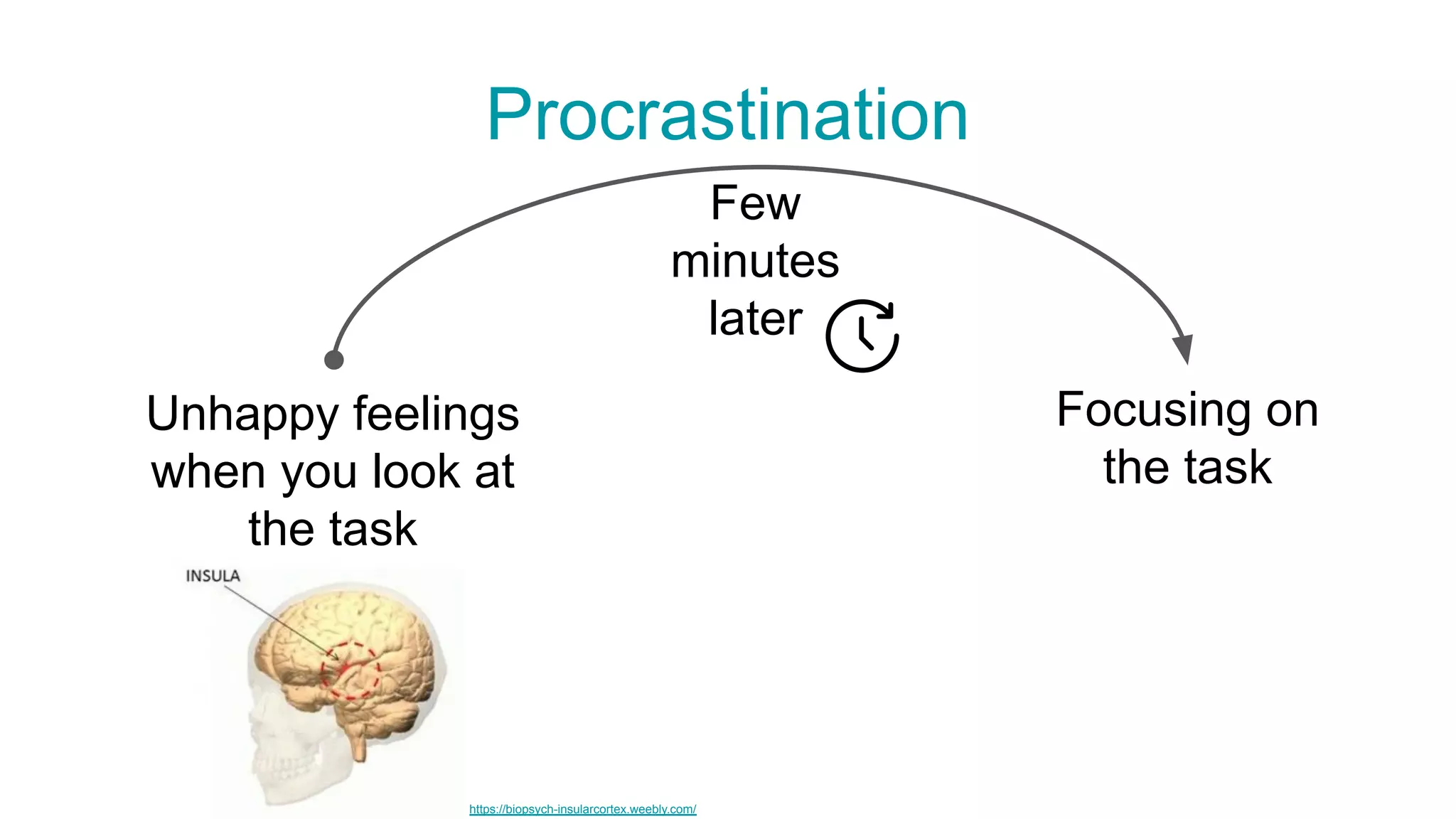 Unhappy feelings
when you look at
the task
Focusing on
the task
https://biopsych-insularcortex.weebly.com/
Procrastination
Few
minutes
later
 