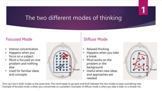 The two different modes of thinking
Focused Mode Diffuse Mode
• Intense concentration
• Happens when you
focus on a subject
• Mind is focused on one
problem and nothing
else
• Used for familiar ideas
and concepts
• Relaxed thinking
• Happens when you take
a break
• Mind works on the
problem in the
background
• Useful when new ideas
and approaches are
needed
One can’t be in both modes at the same time. The mind needs to go back and forth between the two modes to learn something new.
Example of focused mode is when you concentrate on a problem. Examples of diffuse mode is when you take a walk, or a shower etc.
 