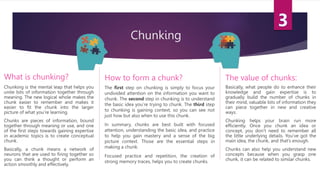 Chunking
What is chunking?
Chunking is the mental leap that helps you
unite bits of information together through
meaning. The new logical whole makes the
chunk easier to remember and makes it
easier to fit the chunk into the larger
picture of what you’re learning.
Chunks are pieces of information, bound
together through meaning or use, and one
of the first steps towards gaining expertise
in academic topics is to create conceptual
chunk.
Basically, a chunk means a network of
neurons that are used to firing together so
you can think a thought or perform an
action smoothly and effectively.
How to form a chunk?
The first step on chunking is simply to focus your
undivided attention on the information you want to
chunk. The second step in chunking is to understand
the basic idea you’re trying to chunk. The third step
to chunking is gaining context, so you can see not
just how but also when to use this chunk.
In summary, chunks are best built with focused
attention, understanding the basic idea, and practice
to help you gain mastery and a sense of the big
picture context. Those are the essential steps in
making a chunk.
Focused practice and repetition, the creation of
strong memory traces, helps you to create chunks.
The value of chunks:
Basically, what people do to enhance their
knowledge and gain expertise is to
gradually build the number of chunks in
their mind, valuable bits of information they
can piece together in new and creative
ways.
Chunking helps your brain run more
efficiently. Once you chunk an idea or
concept, you don’t need to remember all
the little underlying details. You’ve got the
main idea, the chunk, and that’s enough.
Chunks can also help you understand new
concepts because when you grasp one
chunk, it can be related to similar chunks.
 