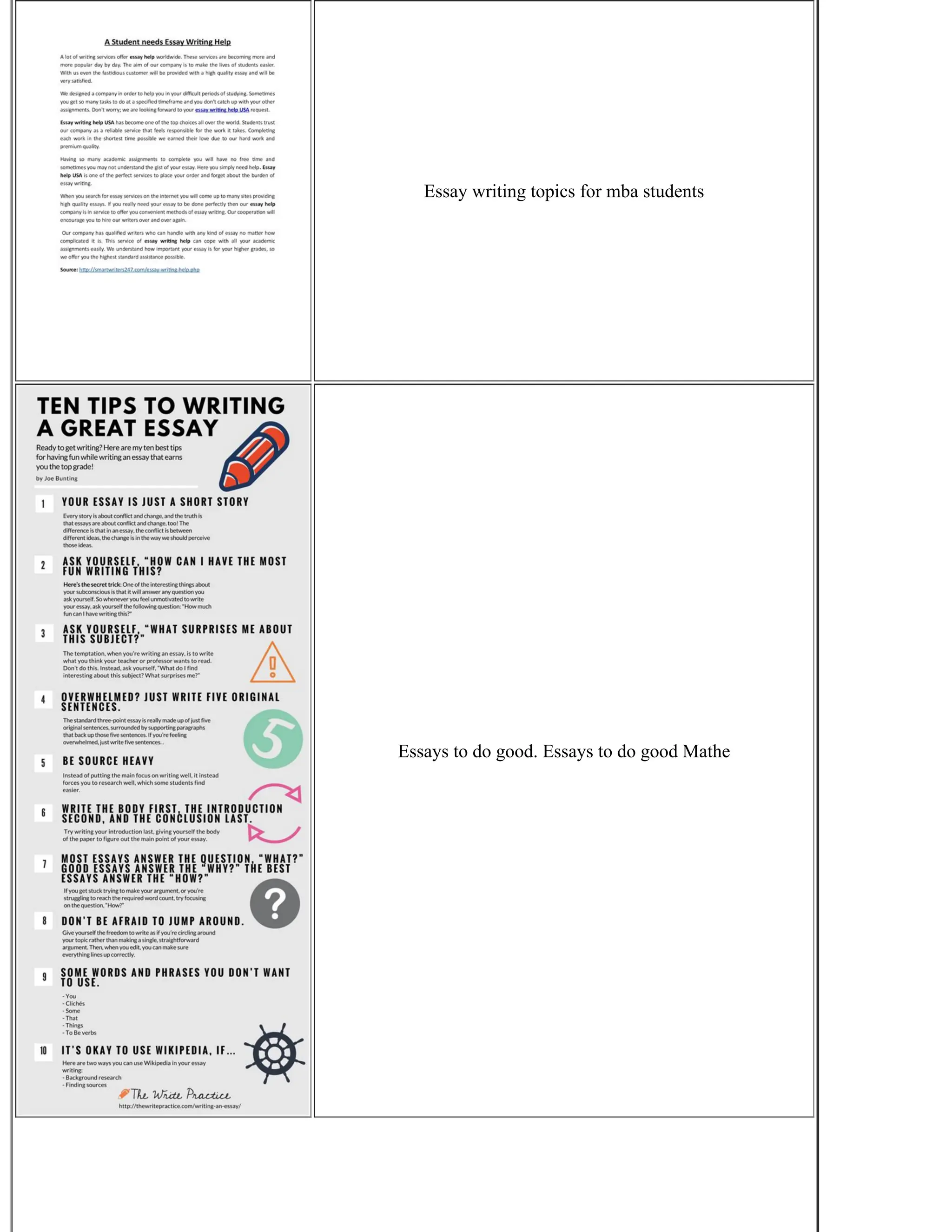 Essay writing topics for mba students
Essays to do good. Essays to do good Mathe
 