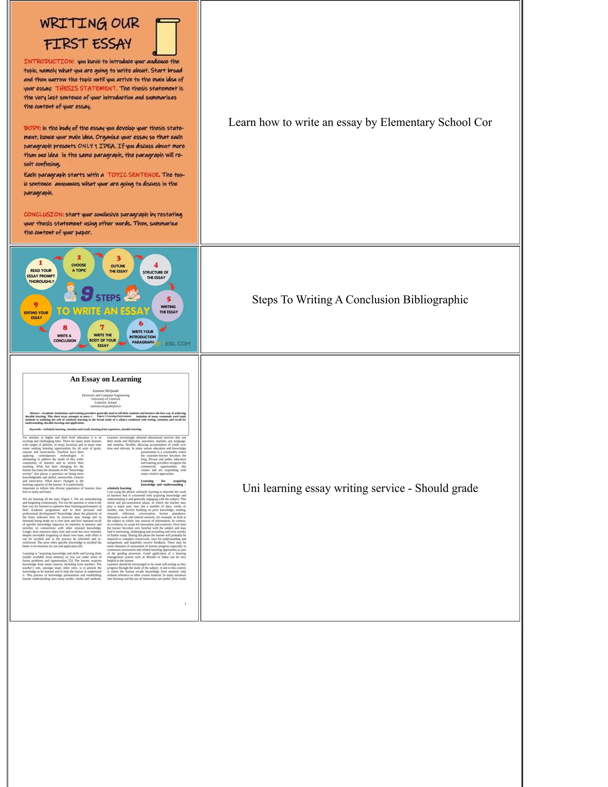 Learn how to write an essay by Elementary School Cor
Steps To Writing A Conclusion Bibliographic
Uni learning essay writing service - Should grade
 