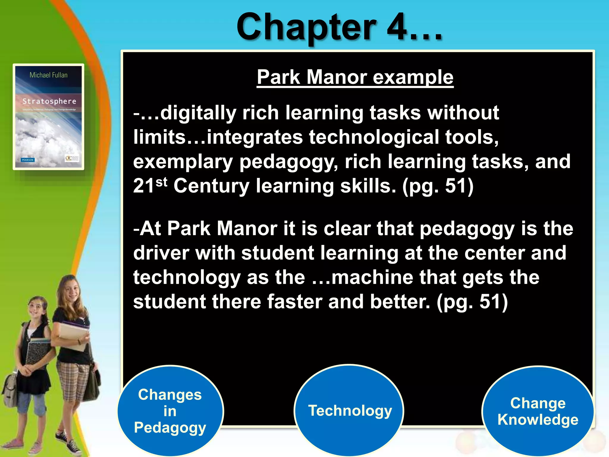Chapter 4…
Park Manor example
-…digitally rich learning tasks without
limits…integrates technological tools,
exemplary pedagogy, rich learning tasks, and
21st Century learning skills. (pg. 51)
-At Park Manor it is clear that pedagogy is the
driver with student learning at the center and
technology as the …machine that gets the
student there faster and better. (pg. 51)
Changes
in
Pedagogy
Technology Change
Knowledge
 