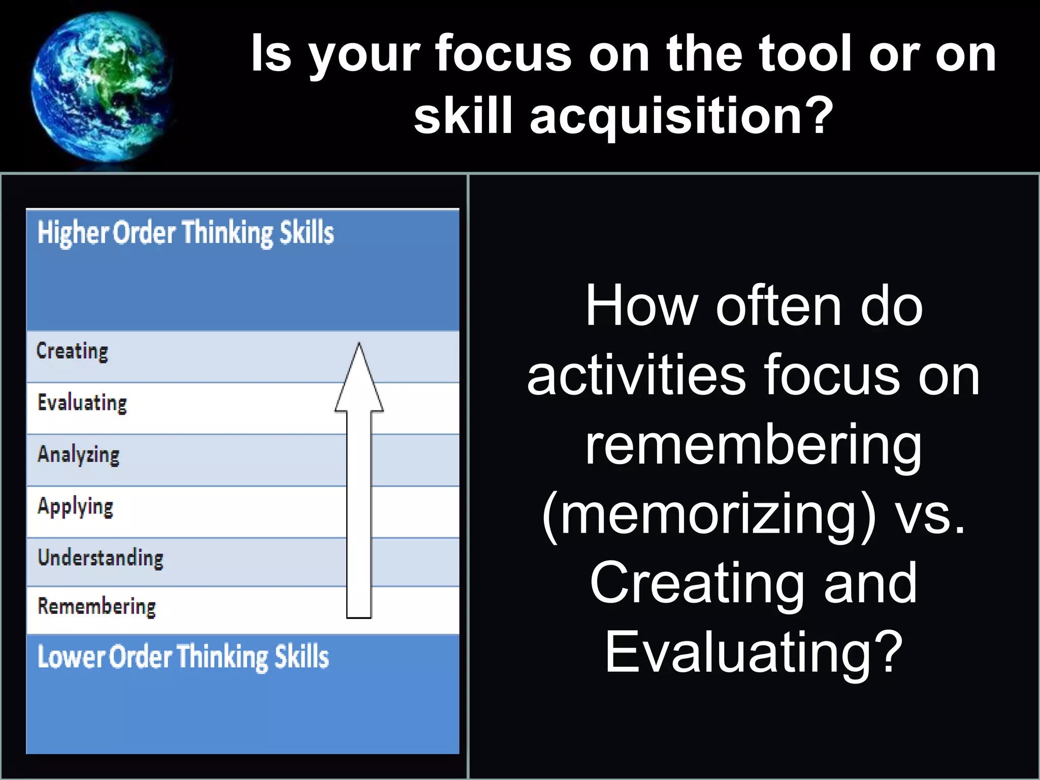 Is your focus on the tool or on
skill acquisition?
•
How often do
activities focus on
remembering
(memorizing) vs.
Creating and
Evaluating?
 