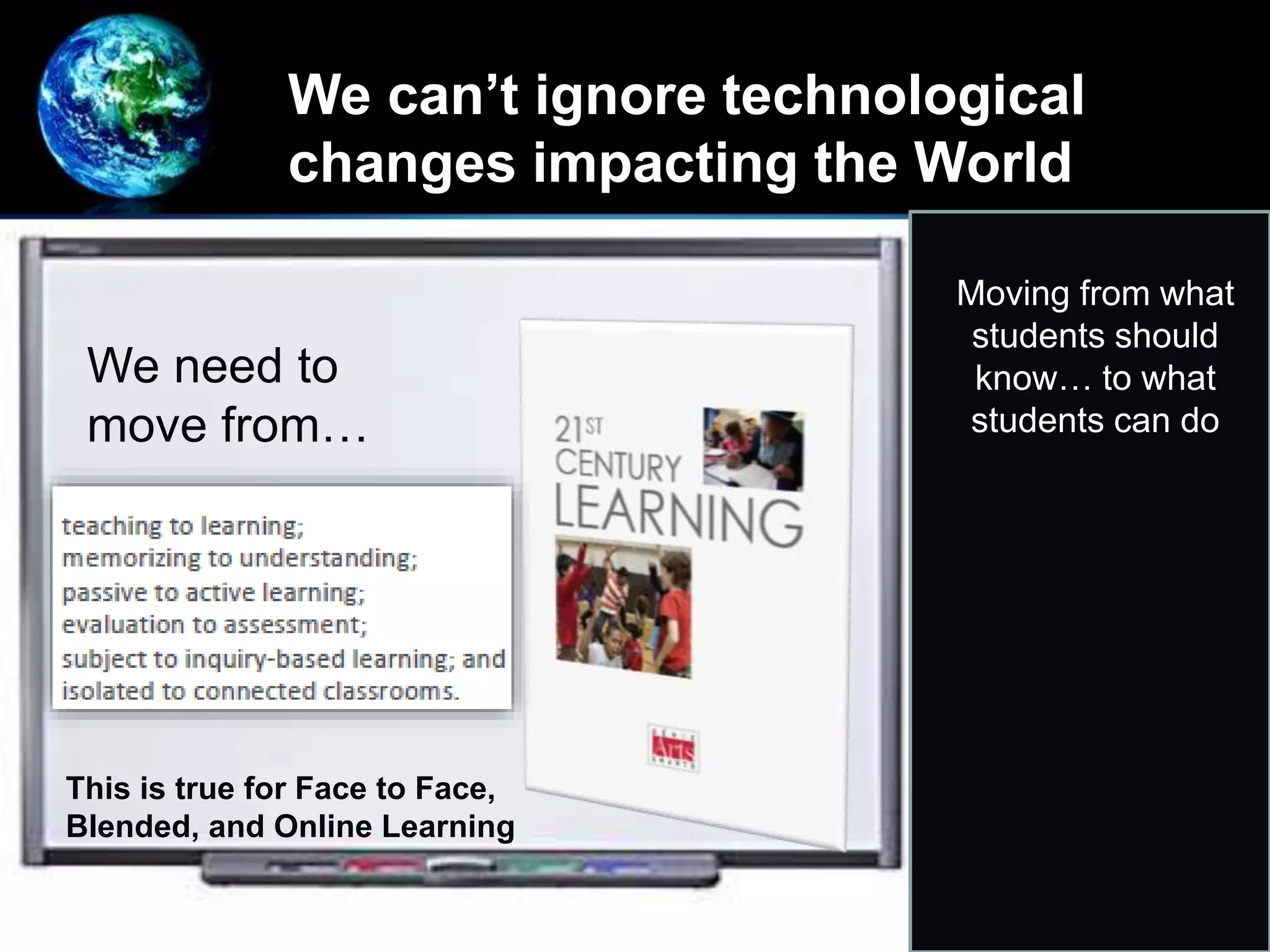 We can’t ignore technological
changes impacting the World
Moving from what
students should
know… to what
students can do
We need to
move from…
This is true for Face to Face,
Blended, and Online Learning
 