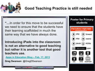 Good Teaching Practice is still needed
Poster for Primary
students
Apps in Education Blog – Feb. 17, 2013
“…In order for this move to be successful
we need to ensure that the students have
their learning scaffolded in much the
same way that we have always done.
Introducing iPads into the classroom
is not an alternative to good teaching
but rather it is another tool that good
teachers use.
Greg Swanson @GregDSwanson
 