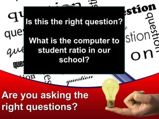 Are you asking the
right questions?
Is this the right question?
What is the computer to
student ratio in our
school?
 