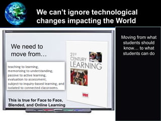 We can’t ignore technological
changes impacting the World
Moving from what
students should
know… to what
students can do
We need to
move from…
This is true for Face to Face,
Blended, and Online Learning
 