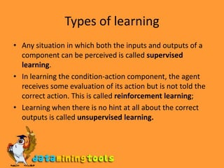 Types of learningAny situation in which both the inputs and outputs of a component can be perceived is called supervised learning.In learning the condition-action component, the agent receives some evaluation of its action but is not told the correct action. This is called reinforcement learning;Learning when there is no hint at all about the correct outputs is called unsupervised learning.