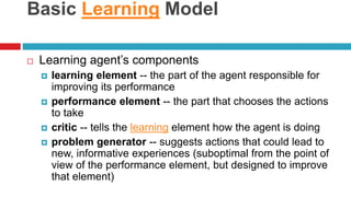 Basic Learning Model
 Learning agent’s components
 learning element -- the part of the agent responsible for
improving its performance
 performance element -- the part that chooses the actions
to take
 critic -- tells the learning element how the agent is doing
 problem generator -- suggests actions that could lead to
new, informative experiences (suboptimal from the point of
view of the performance element, but designed to improve
that element)
 