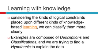 Learning with knowledge
 considering the kinds of logical constraints
placed upon different kinds of knowledge-
based learning, we can classify them more
clearly
 Examples are composed of Descriptions and
Classifications, and we are trying to find a
Hypothesis to explain the data
 