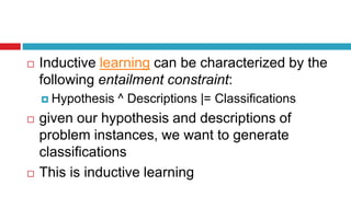  Inductive learning can be characterized by the
following entailment constraint:
 Hypothesis ^ Descriptions |= Classifications
 given our hypothesis and descriptions of
problem instances, we want to generate
classifications
 This is inductive learning
 