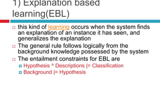 1) Explanation based
learning(EBL)
 this kind of learning occurs when the system finds
an explanation of an instance it has seen, and
generalizes the explanation
 The general rule follows logically from the
background knowledge possessed by the system
 The entailment constraints for EBL are
 Hypothesis ^ Descriptions |= Classification
 Background |= Hypothesis
 