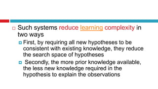  Such systems reduce learning complexity in
two ways
 First, by requiring all new hypotheses to be
consistent with existing knowledge, they reduce
the search space of hypotheses
 Secondly, the more prior knowledge available,
the less new knowledge required in the
hypothesis to explain the observations
 