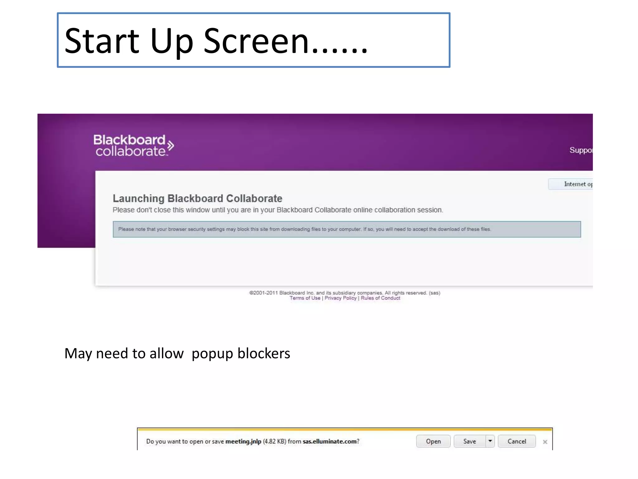 Start Up Screen......May need to allow  popup blockers