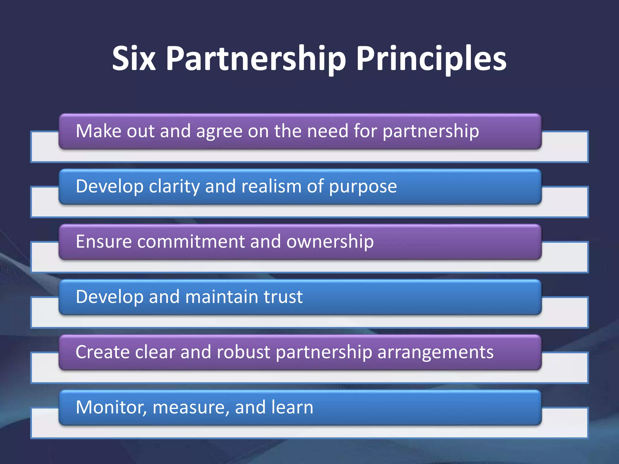 Six Partnership Principles
Make out and agree on the need for partnership
Develop clarity and realism of purpose
Ensure commitment and ownership
Develop and maintain trust
Create clear and robust partnership arrangements
Monitor, measure, and learn
 