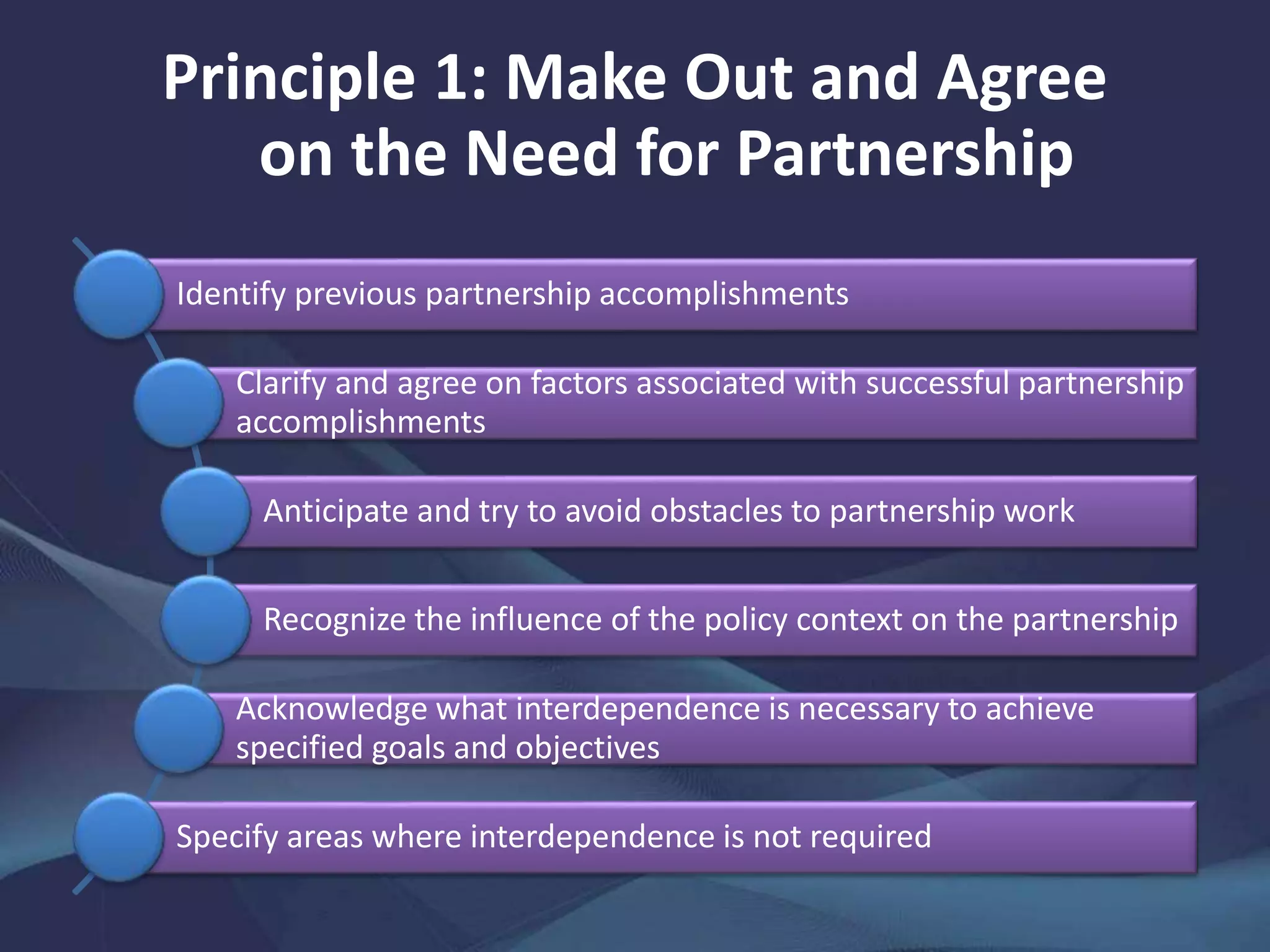 Principle 1: Make Out and Agree
on the Need for Partnership
Identify previous partnership accomplishments
Clarify and agree on factors associated with successful partnership
accomplishments
Anticipate and try to avoid obstacles to partnership work
Recognize the influence of the policy context on the partnership
Acknowledge what interdependence is necessary to achieve
specified goals and objectives
Specify areas where interdependence is not required
 