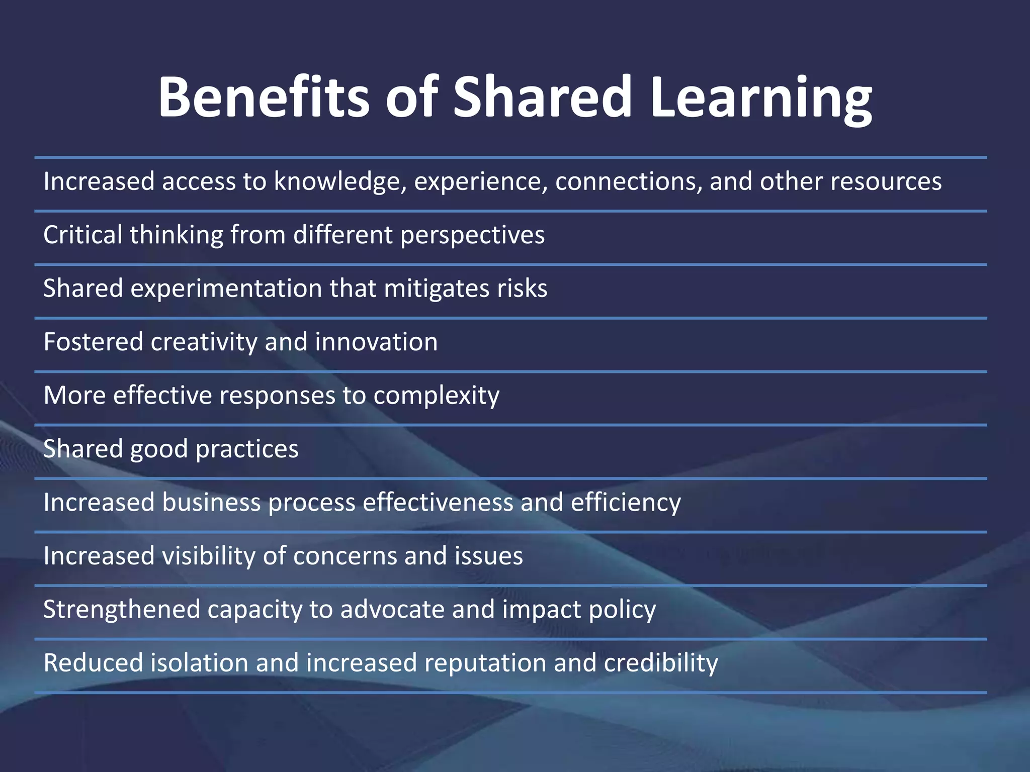 Benefits of Shared Learning
Increased access to knowledge, experience, connections, and other resources
Critical thinking from different perspectives
Shared experimentation that mitigates risks
Fostered creativity and innovation
More effective responses to complexity
Shared good practices
Increased business process effectiveness and efficiency
Increased visibility of concerns and issues
Strengthened capacity to advocate and impact policy
Reduced isolation and increased reputation and credibility
 