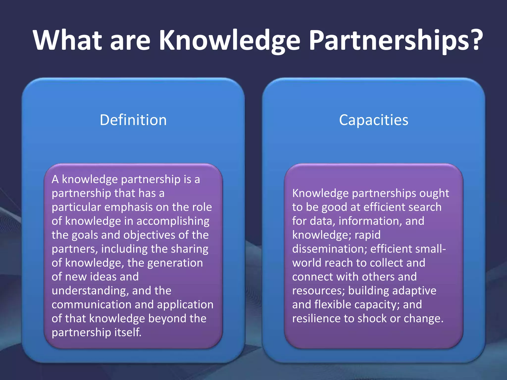 What are Knowledge Partnerships?
Definition
A knowledge partnership is a
partnership that has a
particular emphasis on the role
of knowledge in accomplishing
the goals and objectives of the
partners, including the sharing
of knowledge, the generation
of new ideas and
understanding, and the
communication and application
of that knowledge beyond the
partnership itself.
Capacities
Knowledge partnerships ought
to be good at efficient search
for data, information, and
knowledge; rapid
dissemination; efficient small-
world reach to collect and
connect with others and
resources; building adaptive
and flexible capacity; and
resilience to shock or change.
 