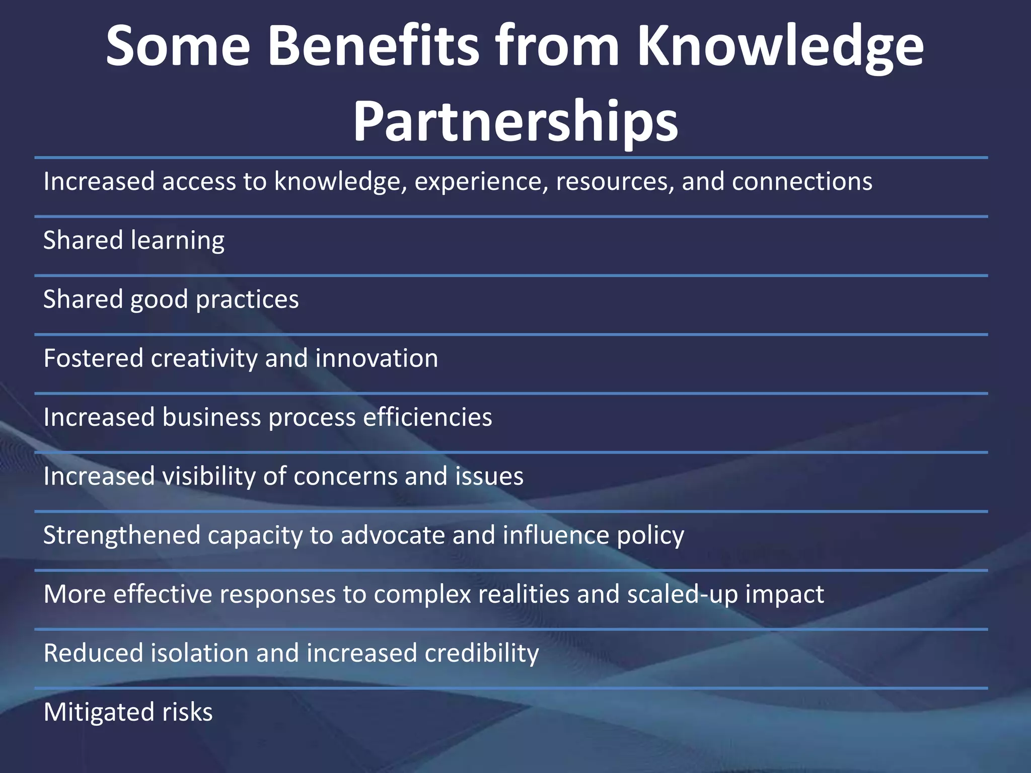 Some Benefits from Knowledge
Partnerships
Increased access to knowledge, experience, resources, and connections
Shared learning
Shared good practices
Fostered creativity and innovation
Increased business process efficiencies
Increased visibility of concerns and issues
Strengthened capacity to advocate and influence policy
More effective responses to complex realities and scaled-up impact
Reduced isolation and increased credibility
Mitigated risks
 