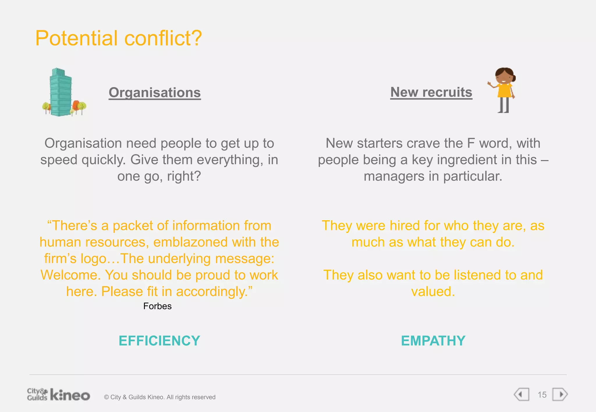 Potential conflict? 
Organisations New recruits 
Organisation need people to get up to 
speed quickly. Give them everything, in 
one go, right? 
“There’s a packet of information from 
human resources, emblazoned with the 
firm’s logo…The underlying message: 
Welcome. You should be proud to work 
here. Please fit in accordingly.” 
Forbes 
EFFICIENCY 
New starters crave the F word, with 
people being a key ingredient in this – 
managers in particular. 
They were hired for who they are, as 
much as what they can do. 
They also want to be listened to and 
valued. 
EMPATHY 
© City & Guilds Kineo. All rights reserved 15 
 