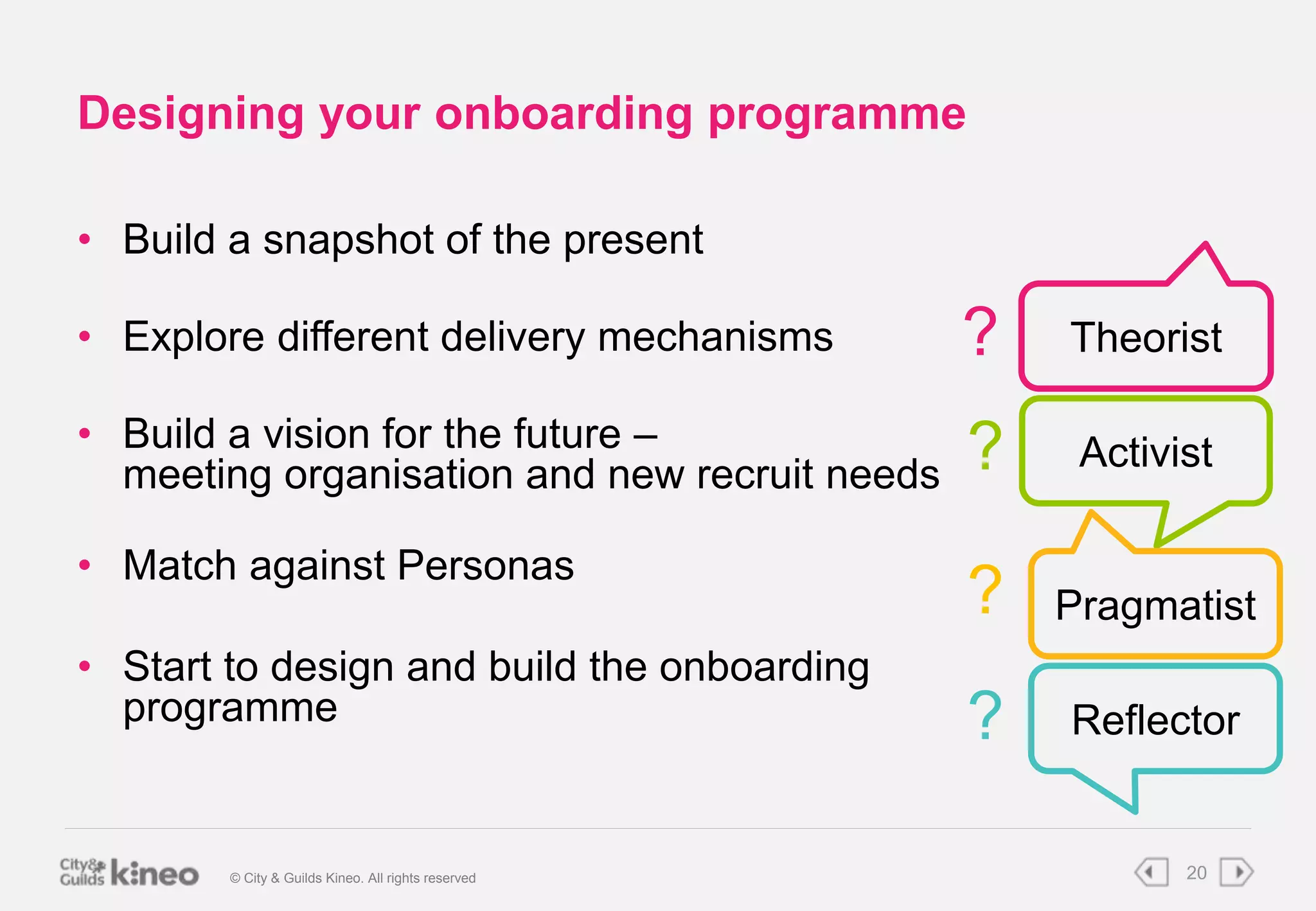 Designing your onboarding programme 
• Build a snapshot of the present 
• Explore different delivery mechanisms 
• Build a vision for the future – 
meeting organisation and new recruit needs 
• Match against Personas 
• Start to design and build the onboarding 
programme 
Theorist 
Activist 
Pragmatist 
Reflector 
? 
? 
? 
? 
© City & Guilds Kineo. All rights reserved 20 
 