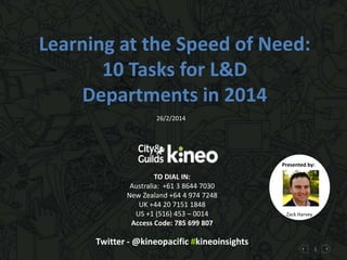 Learning at the Speed of Need:
10 Tasks for L&D
Departments in 2014
26/2/2014

Presented by:

TO DIAL IN:
Australia: +61 3 8644 7030
New Zealand +64 4 974 7248
UK +44 20 7151 1848
US +1 (516) 453 – 0014
Access Code: 785 699 807

Twitter - @kineopacific #kineoinsights

Zack Harvey

1

 