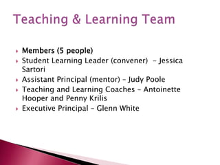 Members (5 people)Student Learning Leader (convener)  - Jessica SartoriAssistant Principal (mentor) – Judy Poole Teaching and Learning Coaches – Antoinette Hooper and Penny Krilis Executive Principal – Glenn WhiteTeaching & Learning Team