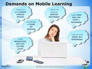 Demands on Mobile Learning
    I need it to                              I want it to
   work ACROSS                                  work on
     VARIOUS                                   DESKTOP           I want HIGH
      DEVICES                                AND MOBILE            END, FUN
                                                                    STUFF in
                   I would like                                  MLEARNING
                     to SHARE
                        MY
                    OPINIONS

                                                                 I want it to be
                                                                  SHORT, BUT
       I want                                                    MEMORABLE
   INTERACTION,
     NOT JUST
      BUTTON
       CLICKS




                                  Mobile Learning Interactions
 