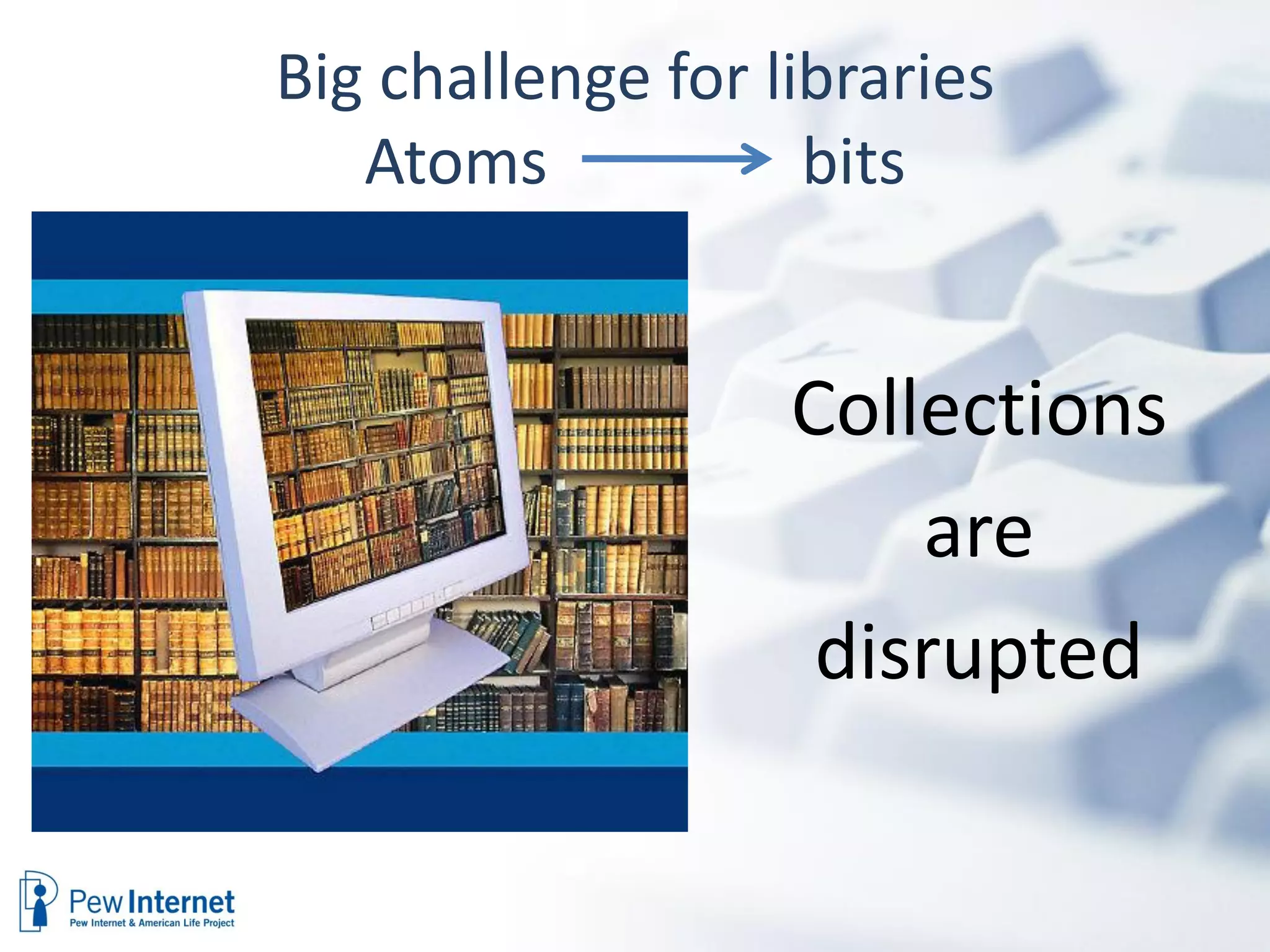 Big challenge for libraries
   Atoms            bits


                   Collections
                       are
                    disrupted
 
