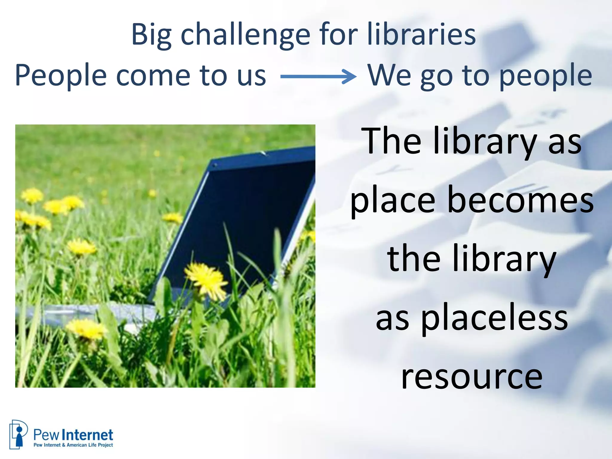 Big challenge for libraries
People come to us         We go to people

                        The library as
                       place becomes
                          the library
                         as placeless
                           resource
 