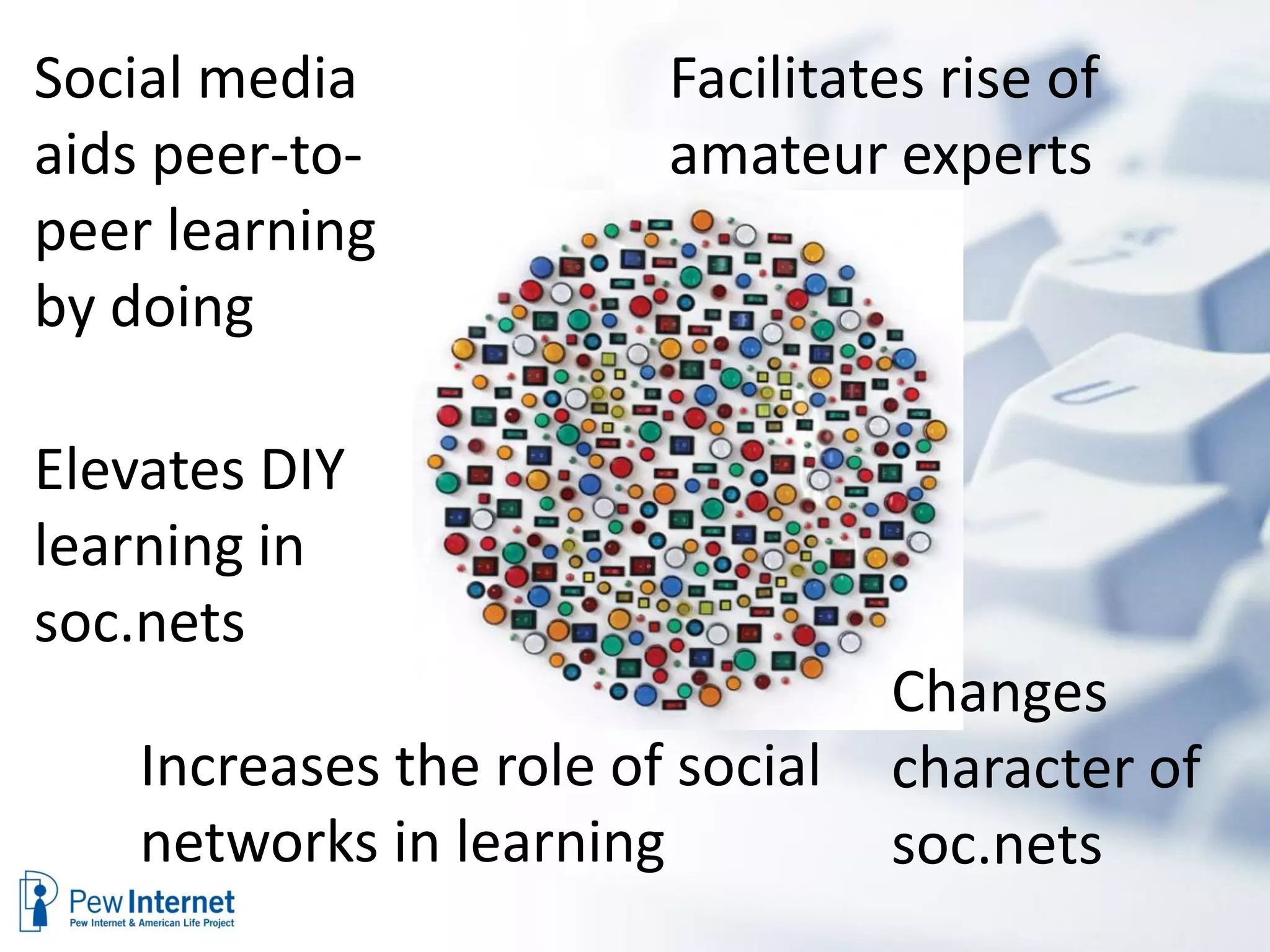 Social media             Facilitates rise of
aids peer-to-            amateur experts
peer learning
by doing

Elevates DIY
learning in
soc.nets
                                   Changes
    Increases the role of social   character of
    networks in learning           soc.nets
 