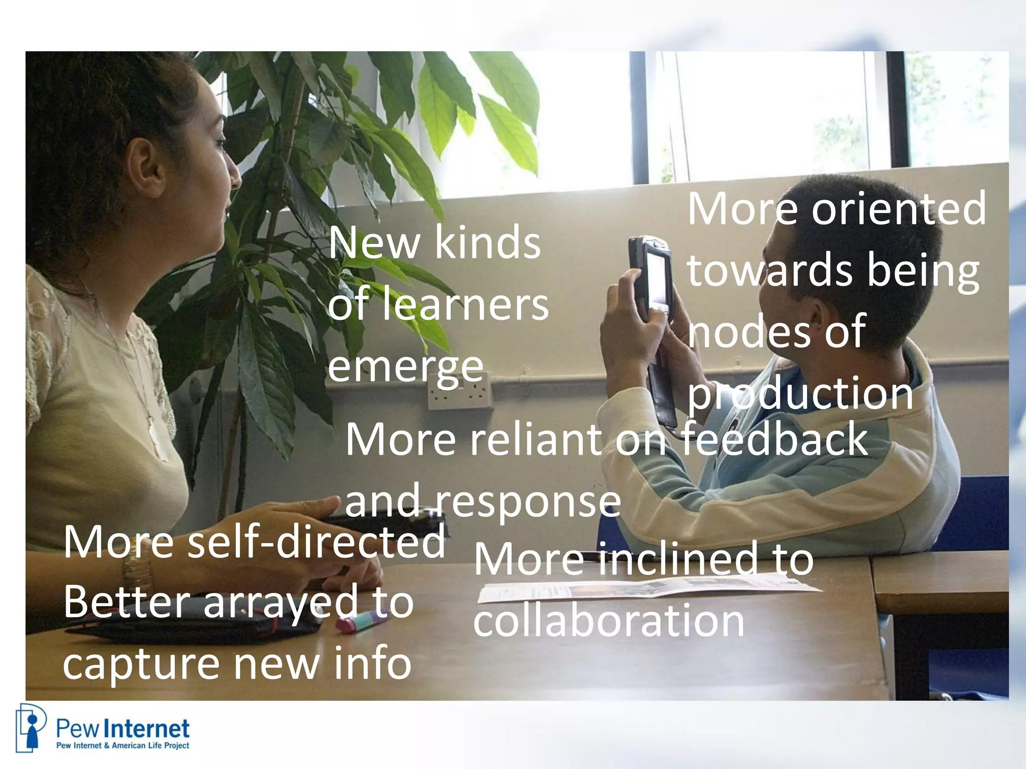 More oriented
             New kinds
                              towards being
             of learners
                              nodes of
             emerge
                              production
              More reliant on feedback
              and response
More self-directed More inclined to
Better arrayed to collaboration
capture new info
 