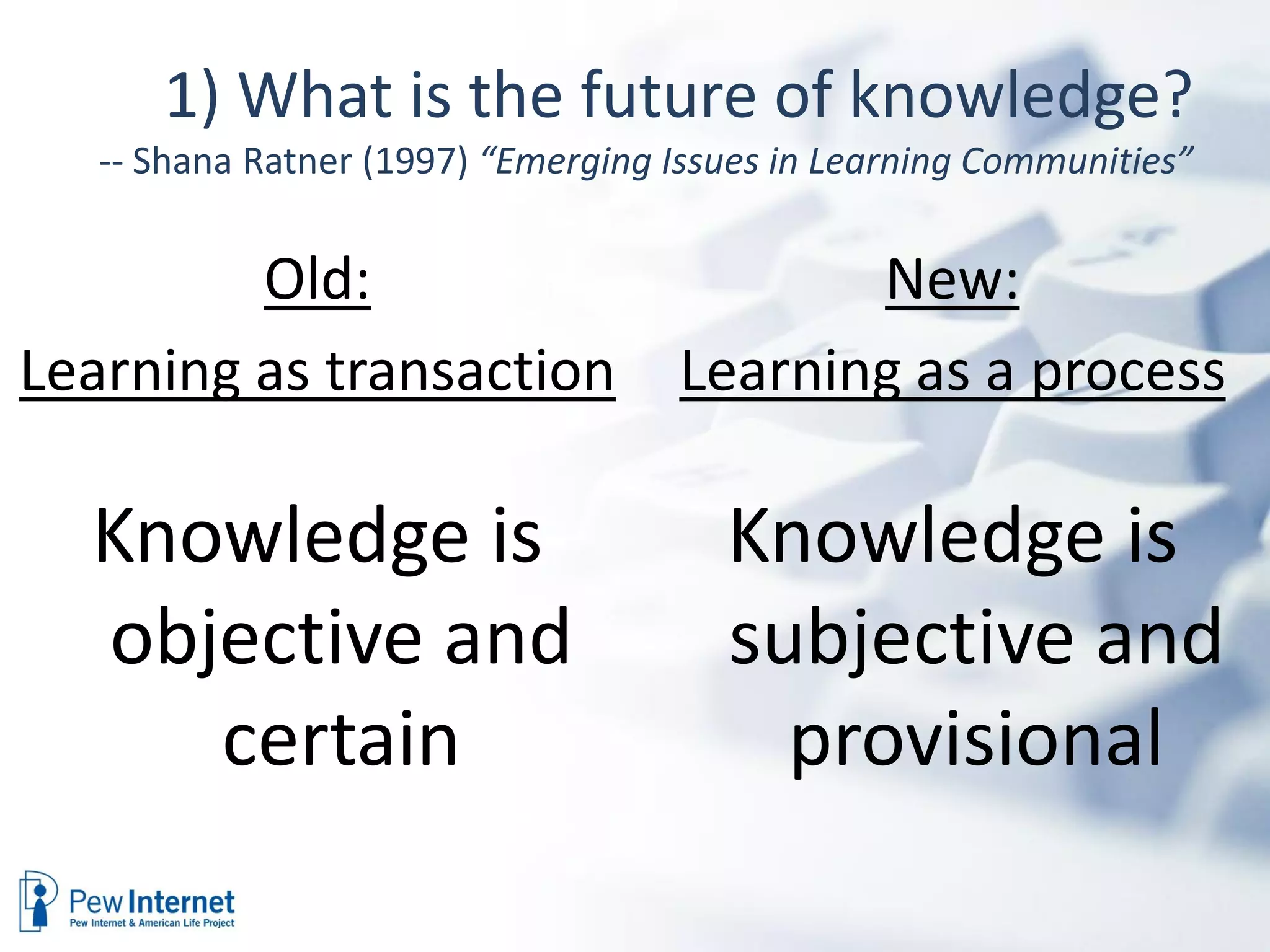1) What is the future of knowledge?
   -- Shana Ratner (1997) “Emerging Issues in Learning Communities”


         Old:                              New:
Learning as transaction             Learning as a process

  Knowledge is                         Knowledge is
  objective and                        subjective and
     certain                             provisional
 