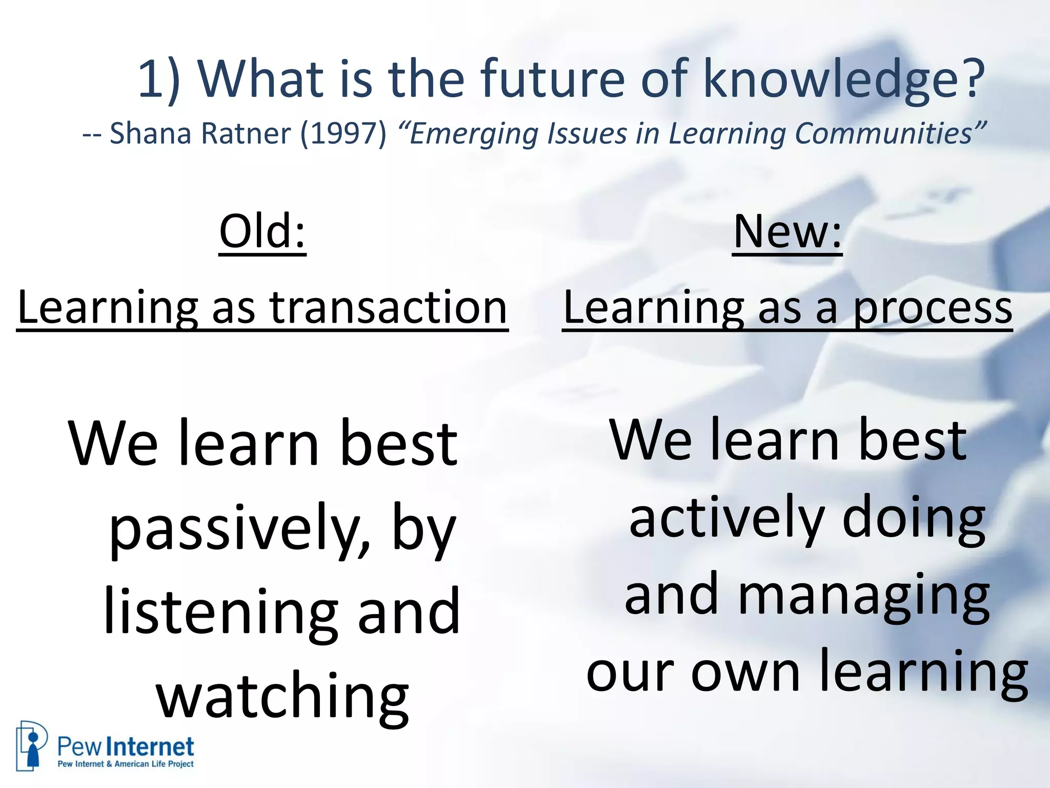 1) What is the future of knowledge?
   -- Shana Ratner (1997) “Emerging Issues in Learning Communities”


         Old:                              New:
Learning as transaction             Learning as a process

  We learn best                        We learn best
   passively, by                       actively doing
   listening and                       and managing
      watching                        our own learning
 