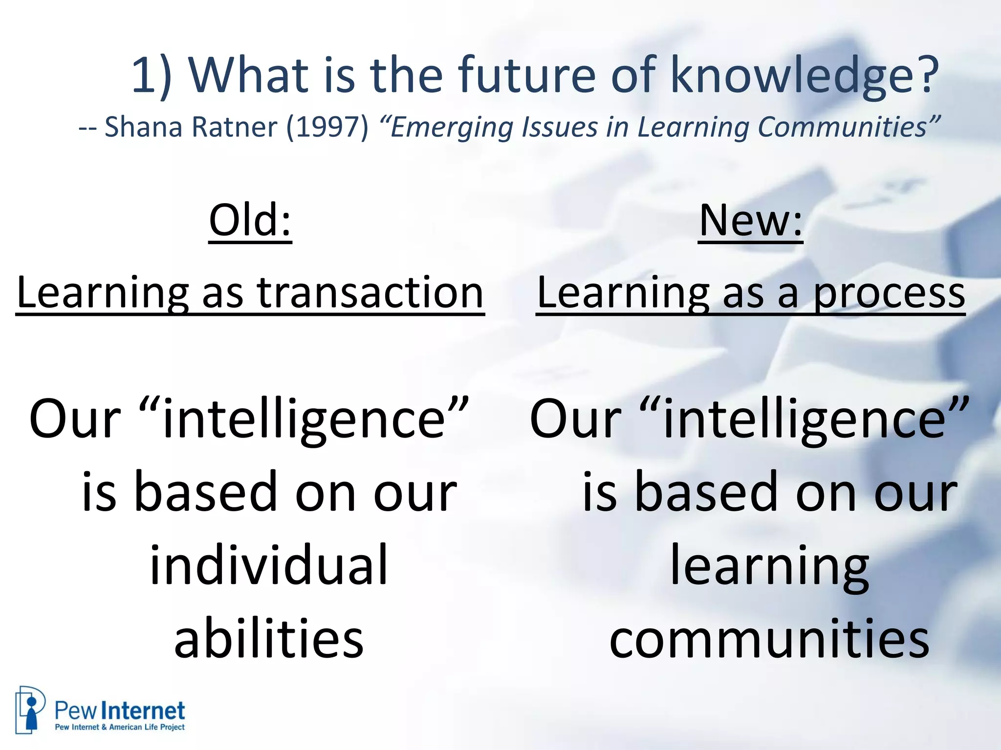 1) What is the future of knowledge?
   -- Shana Ratner (1997) “Emerging Issues in Learning Communities”


         Old:                              New:
Learning as transaction             Learning as a process

Our “intelligence” Our “intelligence”
 is based on our    is based on our
     individual         learning
      abilities       communities
 