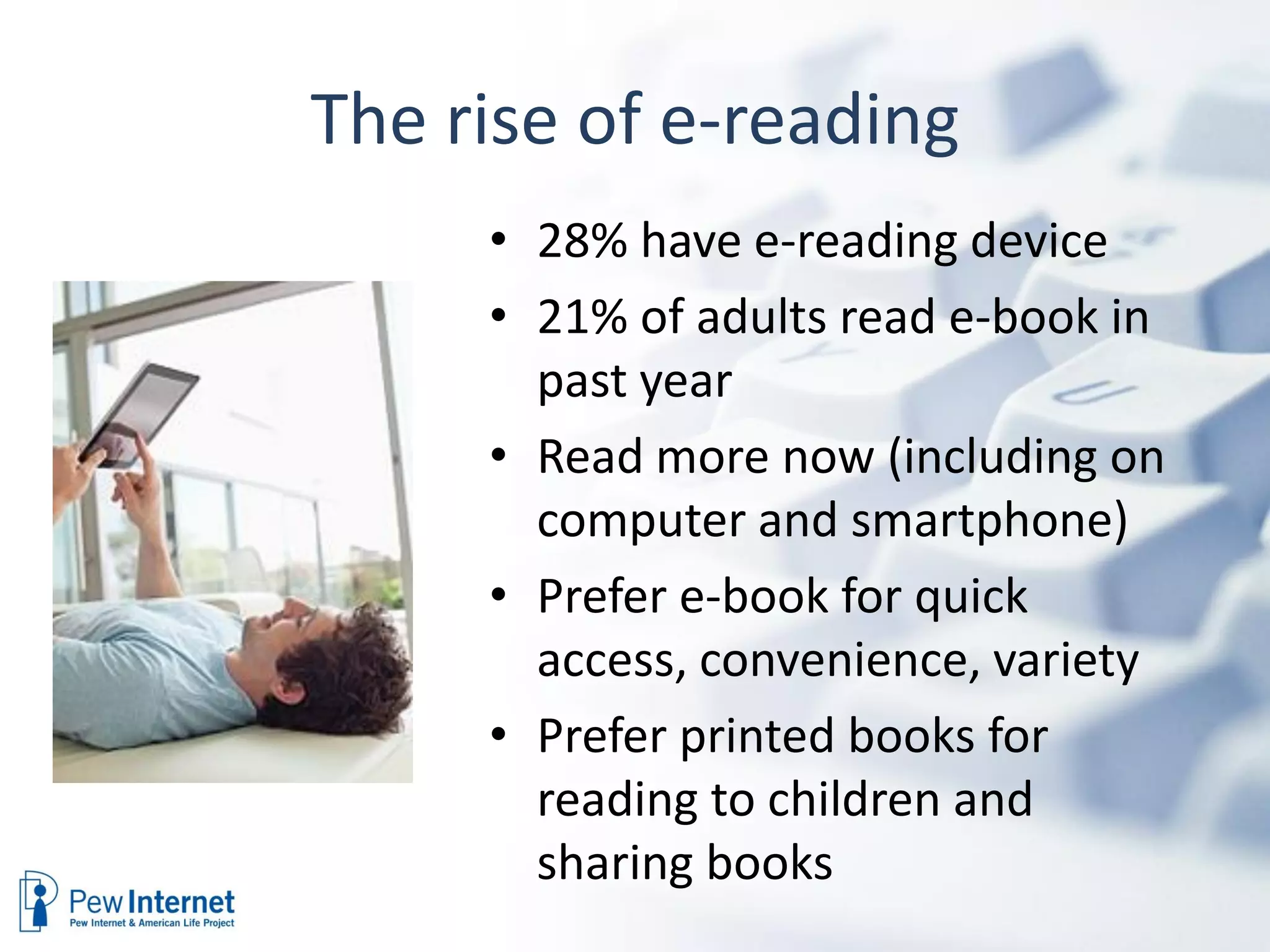 The rise of e-reading
     • 28% have e-reading device
     • 21% of adults read e-book in
       past year
     • Read more now (including on
       computer and smartphone)
     • Prefer e-book for quick
       access, convenience, variety
     • Prefer printed books for
       reading to children and
       sharing books
 
