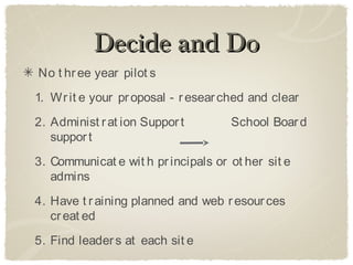 Decide and Do
No t hr ee year pilot s
1. Wr it e your pr oposal - r esear ched and clear
2. Administ r at ion Suppor t        School Boar d
   suppor t
3. Communicat e wit h pr incipals or ot her sit e
   admins
4. Have t r aining planned and web r esour ces
   cr eat ed
5. Find leader s at each sit e
 