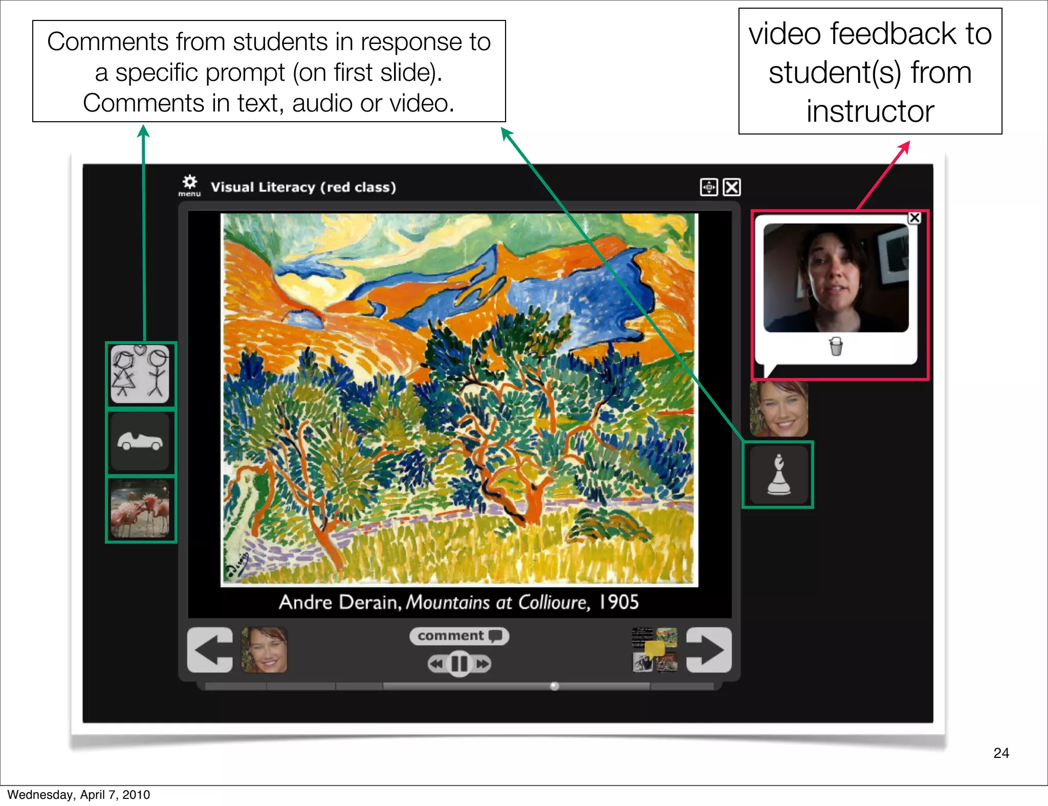 Comments from students in response to   video feedback to
         a speciﬁc prompt (on ﬁrst slide).      student(s) from
        Comments in text, audio or video.          instructor




                                                                  24

Wednesday, April 7, 2010
 