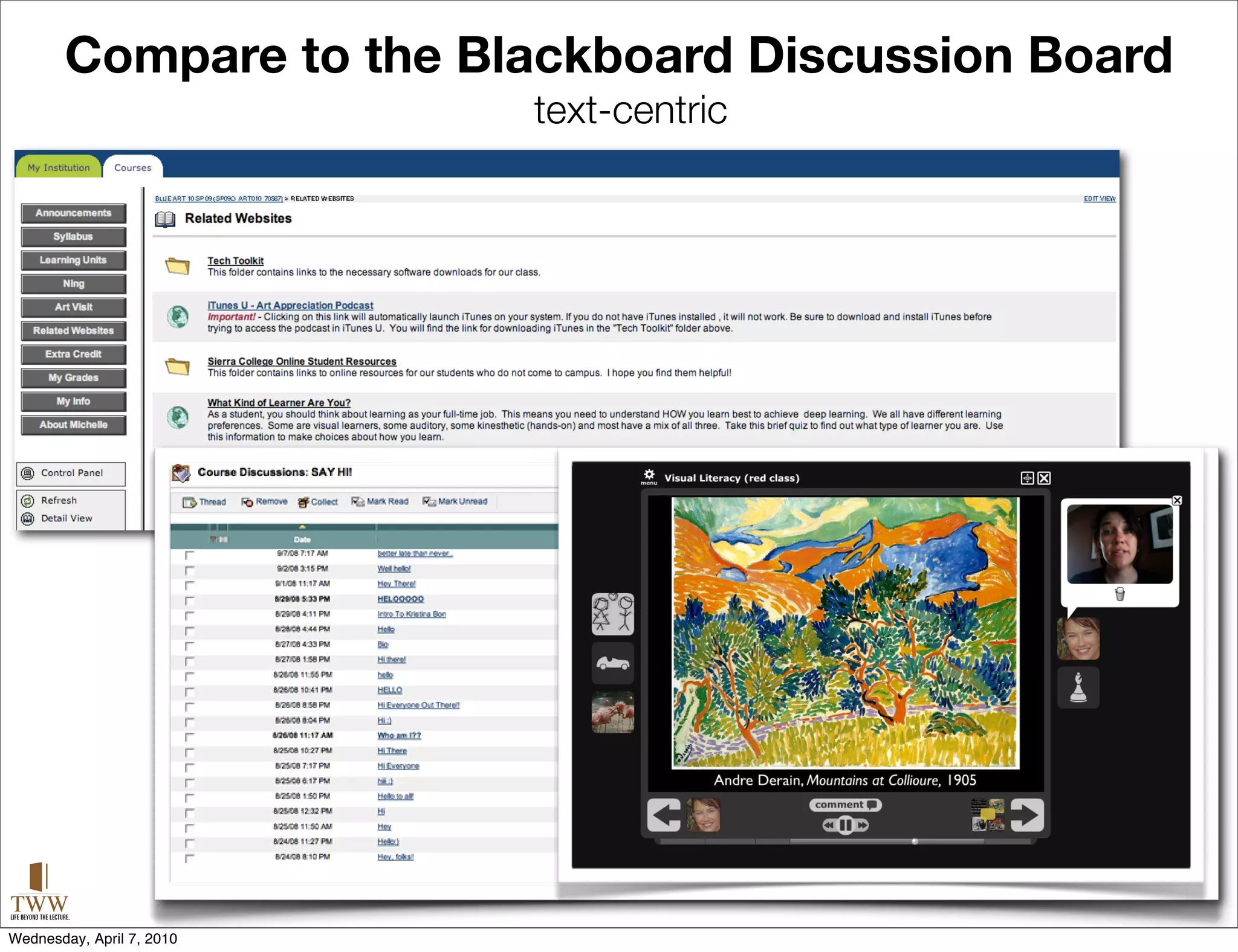 Compare to the Blackboard Discussion Board
                           text-centric




                                                    26

Wednesday, April 7, 2010
 