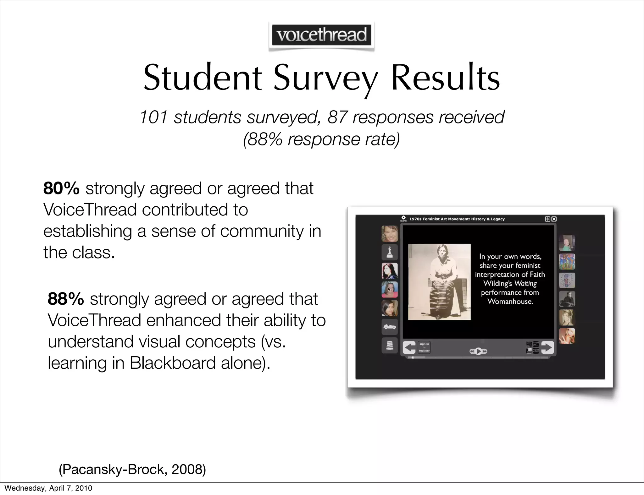 Student Survey Results
                           101 students surveyed, 87 responses received
                                       (88% response rate)

          80% strongly agreed or agreed that
          VoiceThread contributed to
          establishing a sense of community in
          the class.

           88% strongly agreed or agreed that
           VoiceThread enhanced their ability to
           understand visual concepts (vs.
           learning in Blackboard alone).




              (Pacansky-Brock, 2008)
Wednesday, April 7, 2010
 