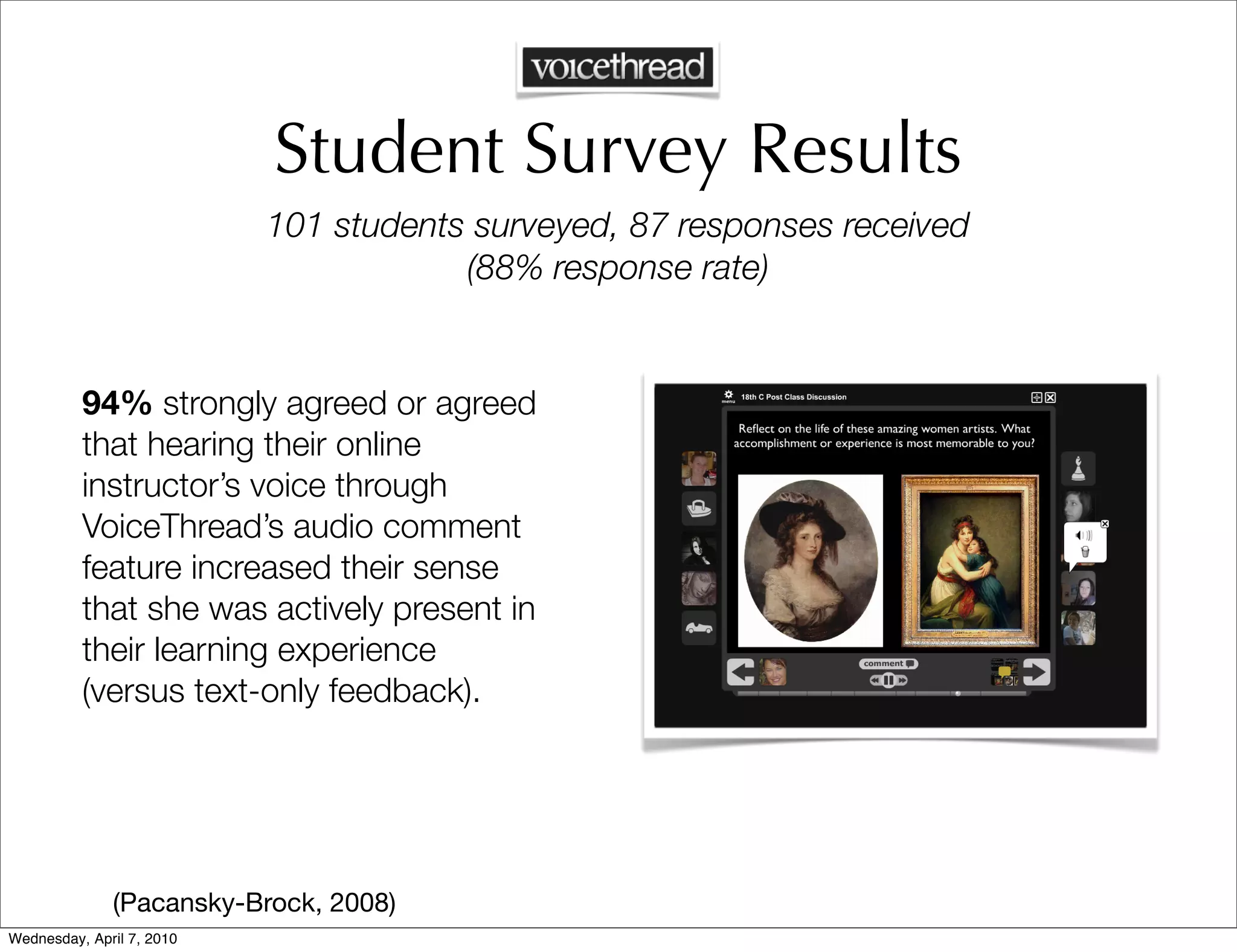 Student Survey Results
                           101 students surveyed, 87 responses received
                                       (88% response rate)


          94% strongly agreed or agreed
          that hearing their online
          instructor’s voice through
          VoiceThread’s audio comment
          feature increased their sense
          that she was actively present in
          their learning experience
          (versus text-only feedback).




              (Pacansky-Brock, 2008)
Wednesday, April 7, 2010
 
