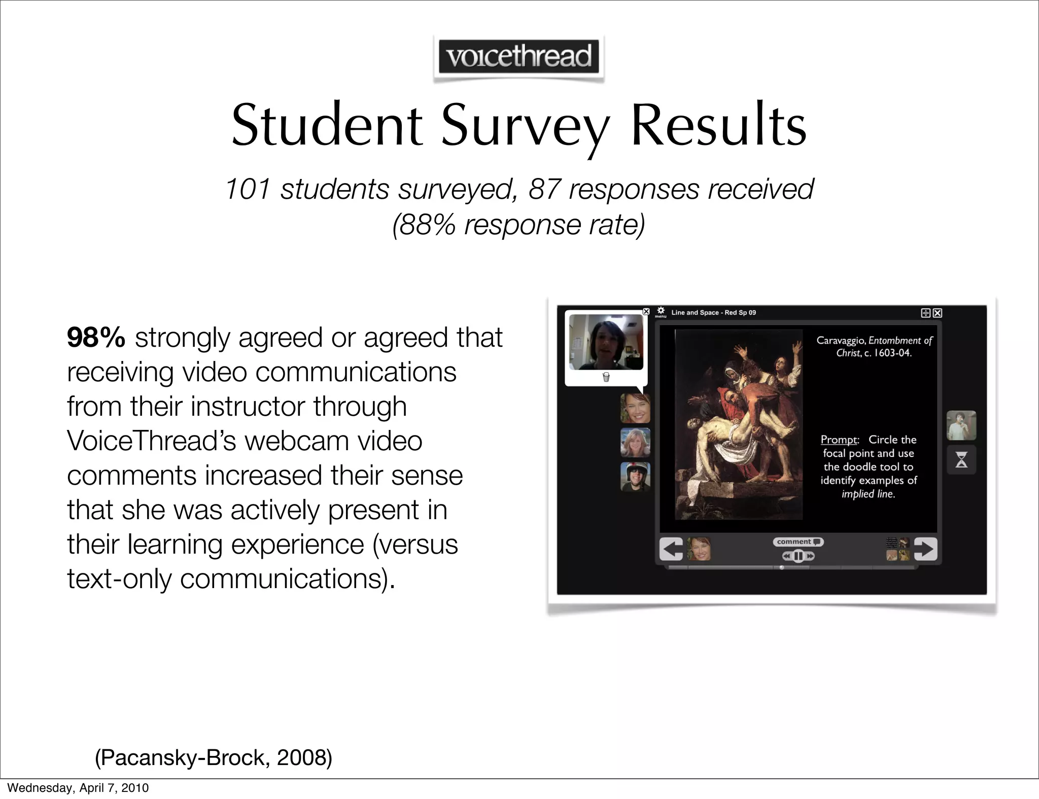 Student Survey Results
                           101 students surveyed, 87 responses received
                                       (88% response rate)


          98% strongly agreed or agreed that
          receiving video communications
          from their instructor through
          VoiceThread’s webcam video
          comments increased their sense
          that she was actively present in
          their learning experience (versus
          text-only communications).




              (Pacansky-Brock, 2008)
Wednesday, April 7, 2010
 