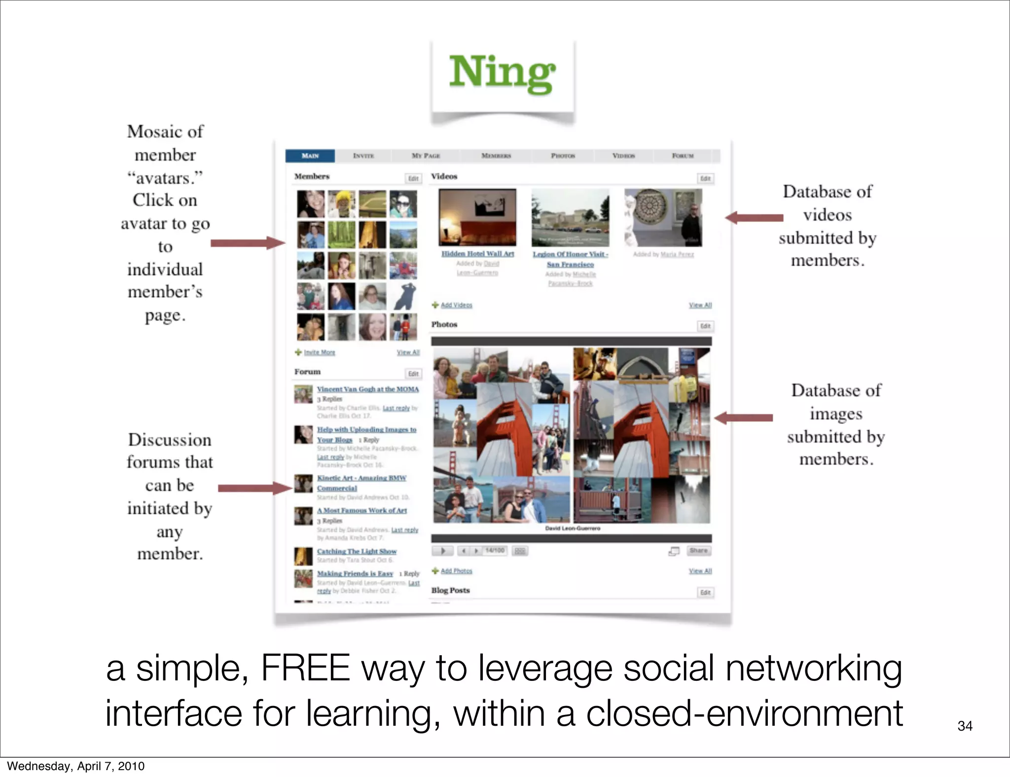 a simple, FREE way to leverage social networking
                 interface for learning, within a closed-environment   34

Wednesday, April 7, 2010
 
