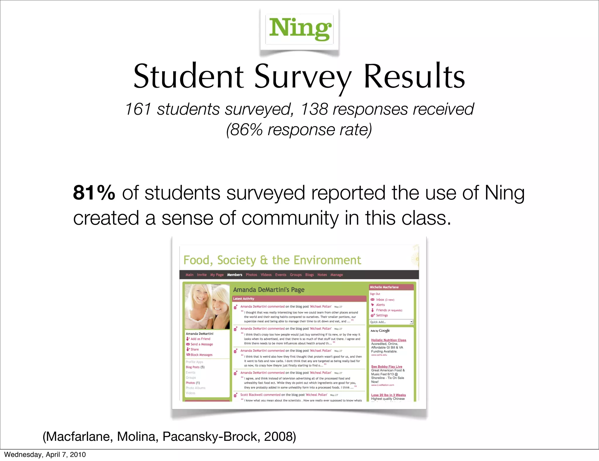 Student Survey Results
                           161 students surveyed, 138 responses received
                                        (86% response rate)


                    81% of students surveyed reported the use of Ning
                    created a sense of community in this class.




           (Macfarlane, Molina, Pacansky-Brock, 2008)
Wednesday, April 7, 2010
 