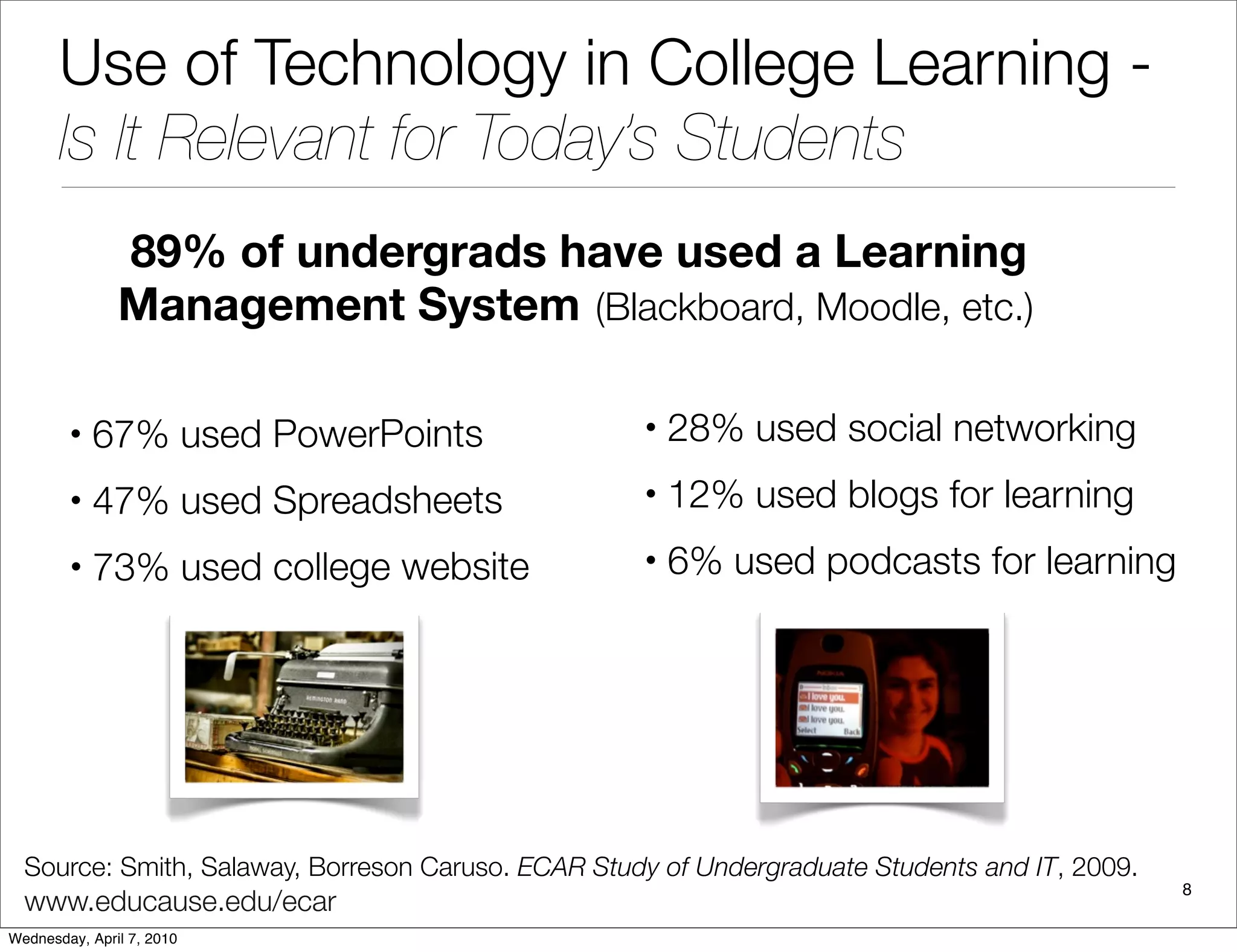 Use of Technology in College Learning -
       Is It Relevant for Today’s Students
               89% of undergrads have used a Learning
               Management System (Blackboard, Moodle, etc.)

        •   67% used PowerPoints                    •   28% used social networking
        •   47% used Spreadsheets                   •   12% used blogs for learning
        •   73% used college website                •   6% used podcasts for learning




  Source: Smith, Salaway, Borreson Caruso. ECAR Study of Undergraduate Students and IT, 2009.
                                                                                                8
  www.educause.edu/ecar
Wednesday, April 7, 2010
 