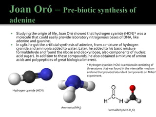  Studying the origin of life, Joan Oró showed that hydrogen cyanide (HCN)* was a
molecule that could easily provide laboratory nitrogenous bases of DNA, like
adenine and guanine.
 In 1961 he got the artificial synthesis of adenine, from a mixture of hydrogen
cyanide and ammonia added to water. Later, he added to his basic mixture
formaldehyde and found the ribose and deoxyribose, also components of nucleic
acid sugars. In addition to these compounds, he also obtained a mixture of amino
acids and polypeptides of great biological interest.
* Hydrogen cyanide (HCN) is a molecule consisting of
three atoms that was found in the interstellar medium
and one that provided abundant components on Miller's
experiment.
Hydrogen cyanide (HCN)
Ammonia (NH3)
Formaldehyde (CH2O)
 