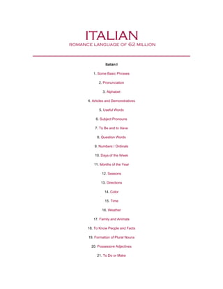 Italian I

   1. Some Basic Phrases

       2. Pronunciation

         3. Alphabet

4. Articles and Demonstratives

       5. Useful Words

     6. Subject Pronouns

    7. To Be and to Have

     8. Question Words

    9. Numbers / Ordinals

    10. Days of the Week

   11. Months of the Year

        12. Seasons

        13. Directions

          14. Color

          15. Time

        16. Weather

   17. Family and Animals

18. To Know People and Facts

19. Formation of Plural Nouns

  20. Possessive Adjectives

     21. To Do or Make
 
