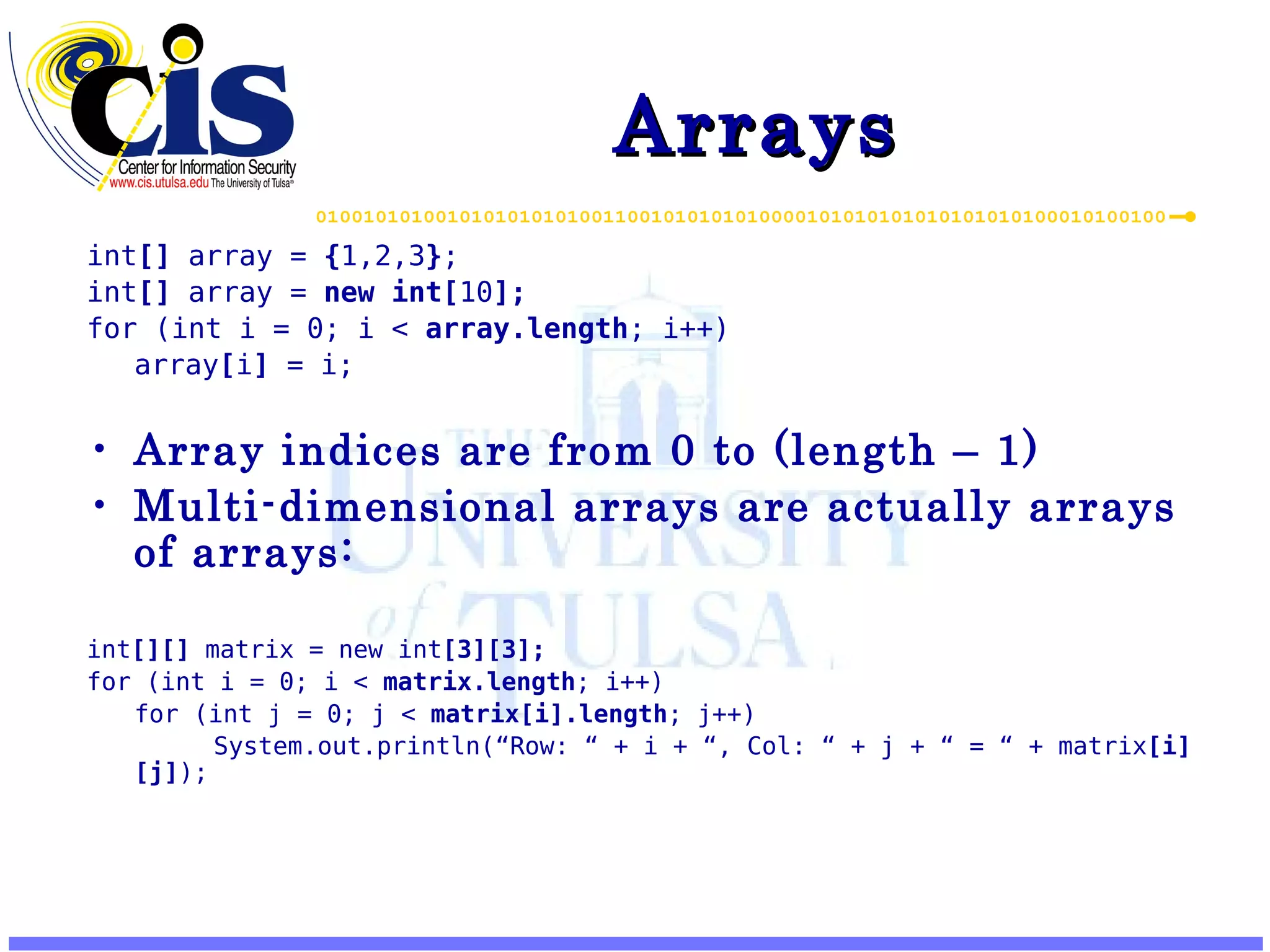 Arrays int [] array = { 1,2,3 } ; int [] array = new int[ 10 ]; for (int i = 0; i < array.length ; i++) array [ i ] = i; Array indices are from 0 to (length – 1) Multi-dimensional arrays are actually arrays of arrays: int [][] matrix = new int [3][3]; for (int i = 0; i < matrix.length ; i++) for (int j = 0; j < matrix[i].length ; j++) System.out.println(“Row: “ + i + “, Col: “ + j + “ = “ + matrix [i][j] ); 
