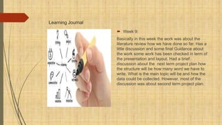 Learning Journal
 Week 9:
Basically in this week the work was about the
literature review how we have done so far. Has a
little discussion and some final Guidance about
the work some work has been checked in term of
the presentation and layout. Had a brief
discussion about the next term project plan how
the structure will be how many word we have to
write. What is the main topic will be and how the
data could be collected. However, most of the
discussion was about second term project plan.
 