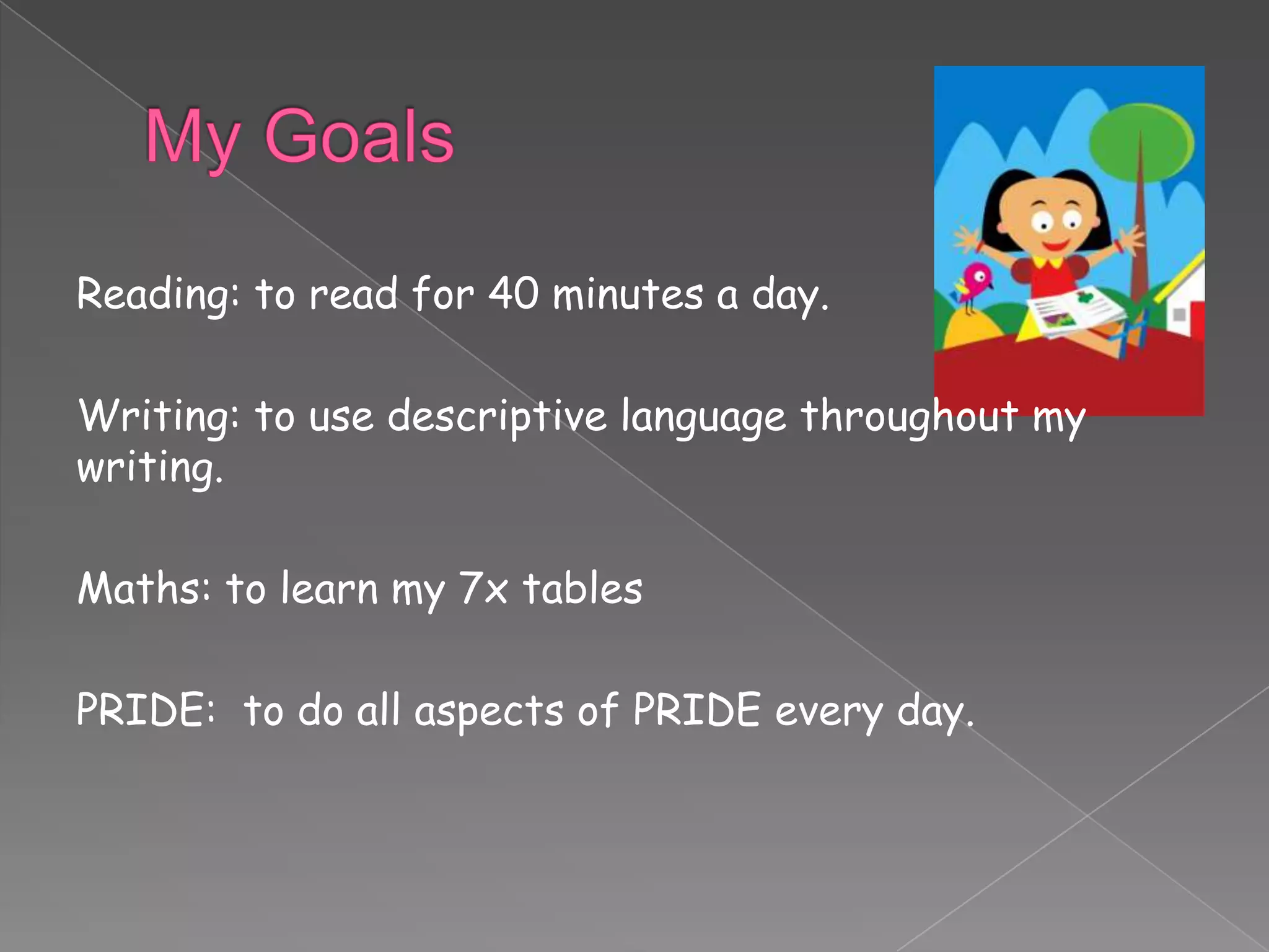 Reading: to read for 40 minutes a day.

Writing: to use descriptive language throughout my
writing.

Maths: to learn my 7x tables

PRIDE: to do all aspects of PRIDE every day.
 